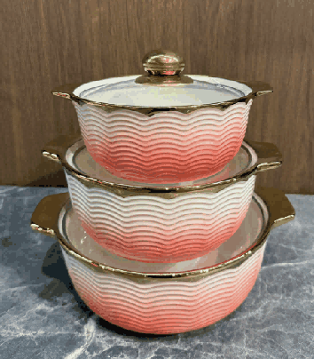 Red & White Electroplated Wave Texture Double-Handle Porcelain Soup Pot Set of 3