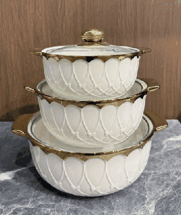 Metallic Electroplated Butterfly Relief Double-Handle Porcelain Soup Pot Set of 3