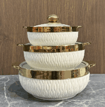 Metallic Electroplated Peacock Relief Double-Handle Porcelain Soup Pot Set of 3