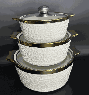 Metallic Electroplated Melon Texture Double-Handle Porcelain Soup Pot Set of 3