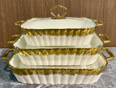 Set of 3 Metallic Ribbed Porcelain Baking Dishes