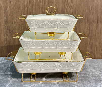 Set of 3 Metallic Ginkgo Leaf Porcelain Baking Dishes with Metal Rack