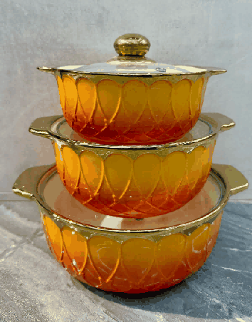 Yellow Electroplated Butterfly Relief Double-Handle Porcelain Soup Pot Set of 3