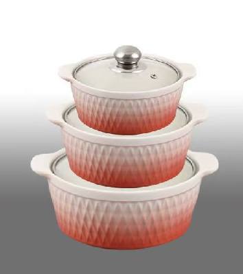 Red & White Gradient Diamond Grid Texture Double-Handle Porcelain Soup Pot Set of 3