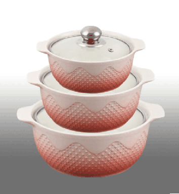 Red & White Gradient Snowflake Relief Double-Handle Porcelain Soup Pot Set of 3