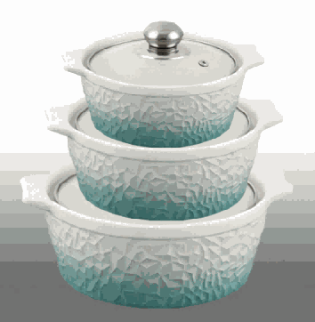 Green & White Gradient Melon Texture Double-Handle Porcelain Soup Pot Set of 3