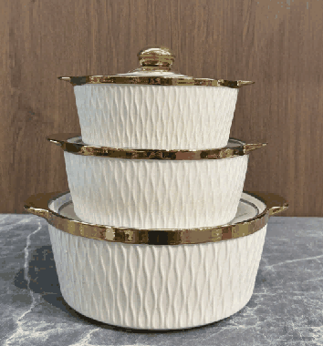 Metallic Electroplated Woven Texture Double-Handle Porcelain Soup Pot Set of 3