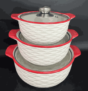 Red Wave-Inspired Texture Double-Handle Porcelain Soup Pot Set of 3