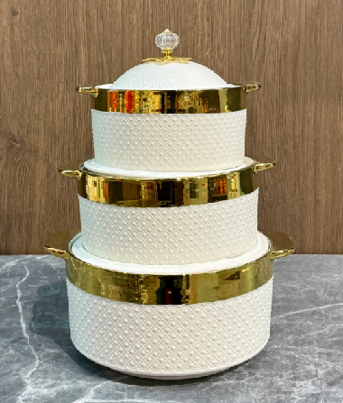 Gold-Rimmed Beaded Porcelain Double Handle Casserole with Metal Floral Knob