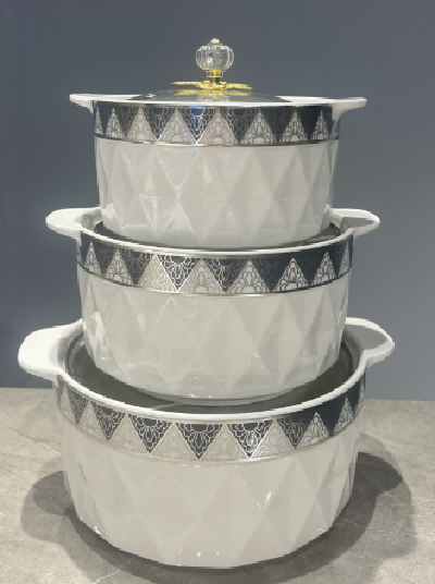 Set of 3 Grey Diamond Porcelain Double Handle Casseroles