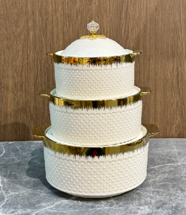 Brushed Gold Beaded Porcelain Double Handle Casserole with Metal Floral Knob
