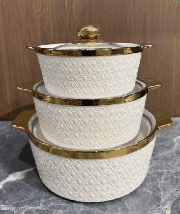 Metallic Electroplated Grid Texture Double-Handle Porcelain Soup Pot Set of 3