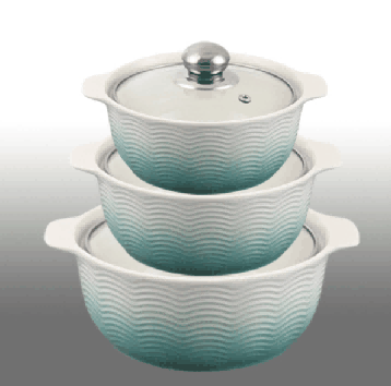 Green & White Gradient Wave Texture Double-Handle Porcelain Soup Pot Set of 3