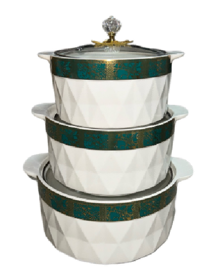 Set of 3 Green Diamond Porcelain Double Handle Casseroles