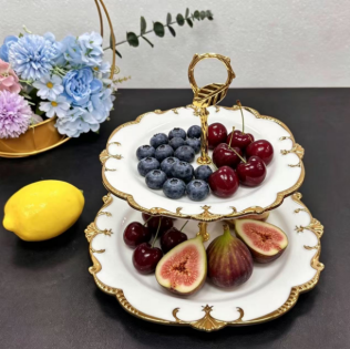 2-Tier White Ceramic Cake Stand with Gold Rim