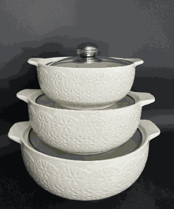 White Floral Petal Relief Double-Handle Porcelain Soup Pot Set of 3