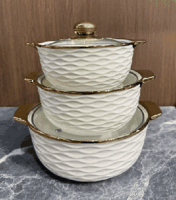 Metallic Electroplated Wave-Inspired Texture Double-Handle Porcelain Soup Pot Set of 3