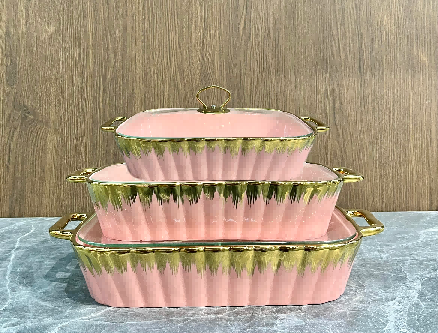 Set of 3 Pink Metallic Ribbed Porcelain Baking Dishes