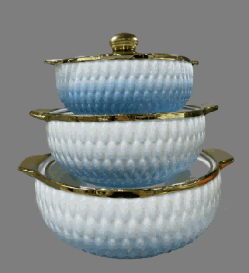 Blue & White Electroplated Rice Grain Texture Double-Handle Porcelain Soup Pot Set of 3