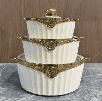 Metallic Electroplated Chain Relief Double-Handle Porcelain Soup Pot Set of 3