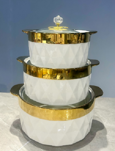 Set of 3 Gold-Rimmed Porcelain Double Handle Casseroles