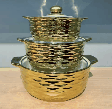 Full Gold-Plated Wave-Inspired Texture Double-Handle Porcelain Soup Pot Set of 3