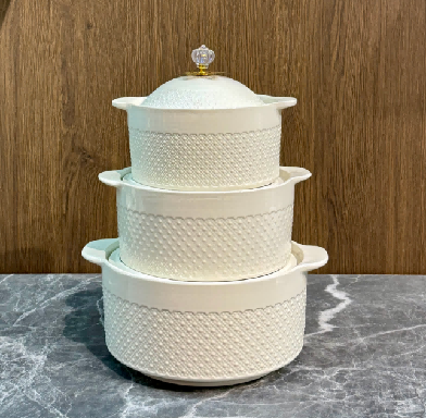 White Beaded Porcelain Double Handle Casserole with Metal Floral Knob