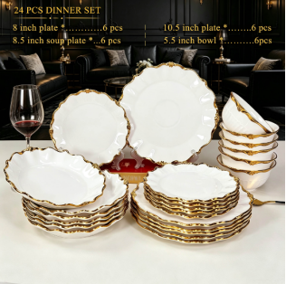 24Pcs White Ceramic Dinner Set with Gold Embossed Rim