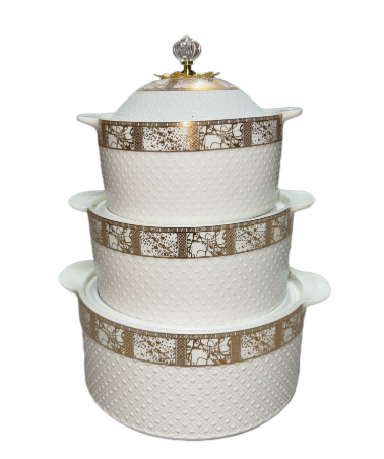 Gold Grid Beaded Porcelain Double Handle Casserole with Metal Floral Knob
