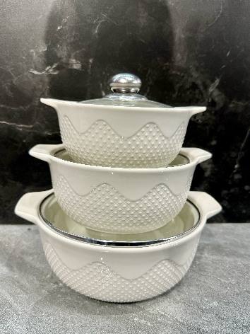 White Snowflake Relief Double-Handle Porcelain Soup Pot Set of 3