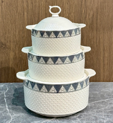 Grey Grey Grid Beaded Porcelain Double Handle Casserole with Ceramic Knob