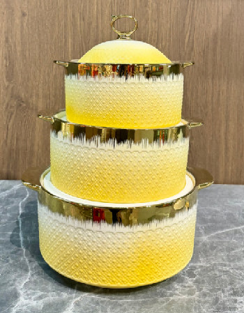 Yellow Brushed Gold Beaded Porcelain Double Handle Casserole with Ceramic Knob