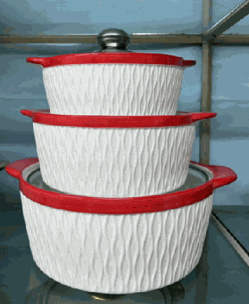 Red Woven Texture Double-Handle Porcelain Soup Pot Set of 3