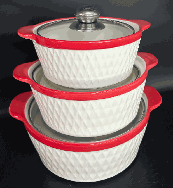 Red Diamond Grid Texture Double-Handle Porcelain Soup Pot Set of 3