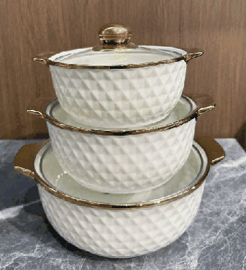 Metallic Electroplated Diamond Texture Double-Handle Porcelain Soup Pot Set of 3
