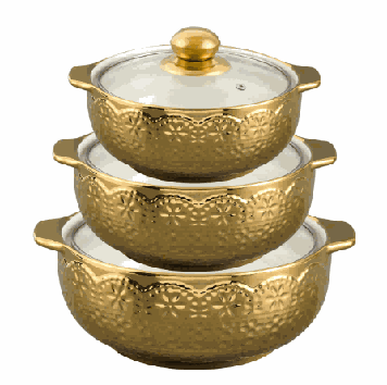 Full Gold-Plated Floral Petal Relief Double-Handle Porcelain Soup Pot Set of 3