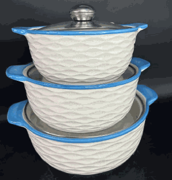 Blue Wave-Inspired Texture Double-Handle Porcelain Soup Pot Set of 3