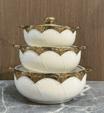 Metallic Electroplated Bud Relief Double-Handle Porcelain Soup Pot Set of 3