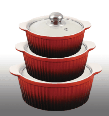 Blue Gradient Vertical Ribbed Double-Handle Porcelain Soup Pot Set of 3