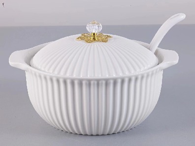 White Striped Porcelain Ceramic Soup Pot with Spoon