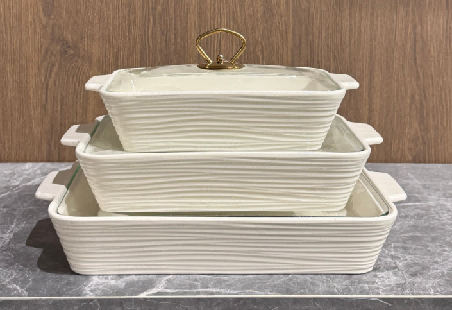 Set of 3 White Wave-Pattern Porcelain Baking Dishes