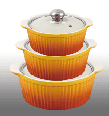 Yellow Gradient Vertical Ribbed Double-Handle Porcelain Soup Pot Set of 3