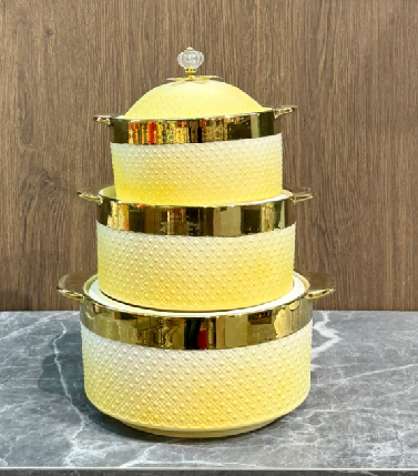 Yellow Gold-Rimmed Beaded Porcelain Double Handle Casserole