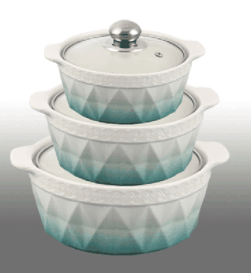 Blue & White Gradient Pyramid Texture Double-Handle Porcelain Soup Pot Set of 3