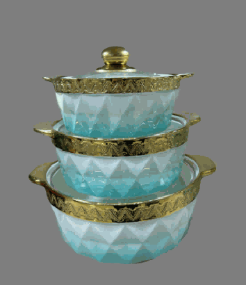 Green & White Electroplated Pyramid Texture Double-Handle Porcelain Soup Pot Set of 3