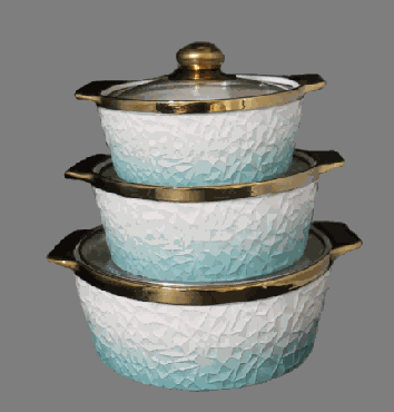 Green & White Electroplated Melon Texture Double-Handle Porcelain Soup Pot Set of 3