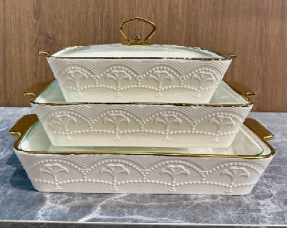 Set of 3 Metallic Ginkgo Leaf Porcelain Baking Dishes