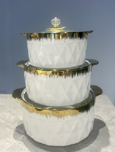 Set of 3 Brushed Gold Porcelain Double Handle Casseroles
