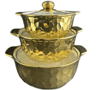 Metallic Electroplated Geometric Texture Double-Handle Porcelain Soup Pot Set of 3