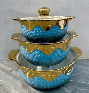 Blue Electroplated Snowflake Relief Double-Handle Porcelain Soup Pot Set of 3